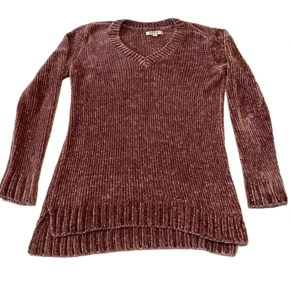 Orvis Pink Womens Chenille V Neck Pullover Sweater Soft Cozy Oversized Medium